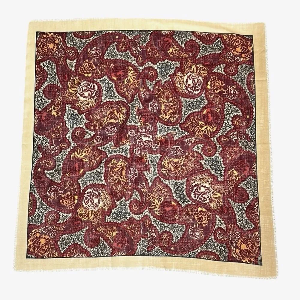 Wool Square Scarf Lightweight Tan Brown Plum Paisley Print Made in Italy 33x33”